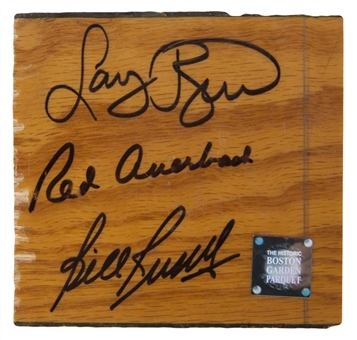 Larry Bird, Bill Russell & Red Auerbach Signed Boston Garden Floor Piece (PSA)